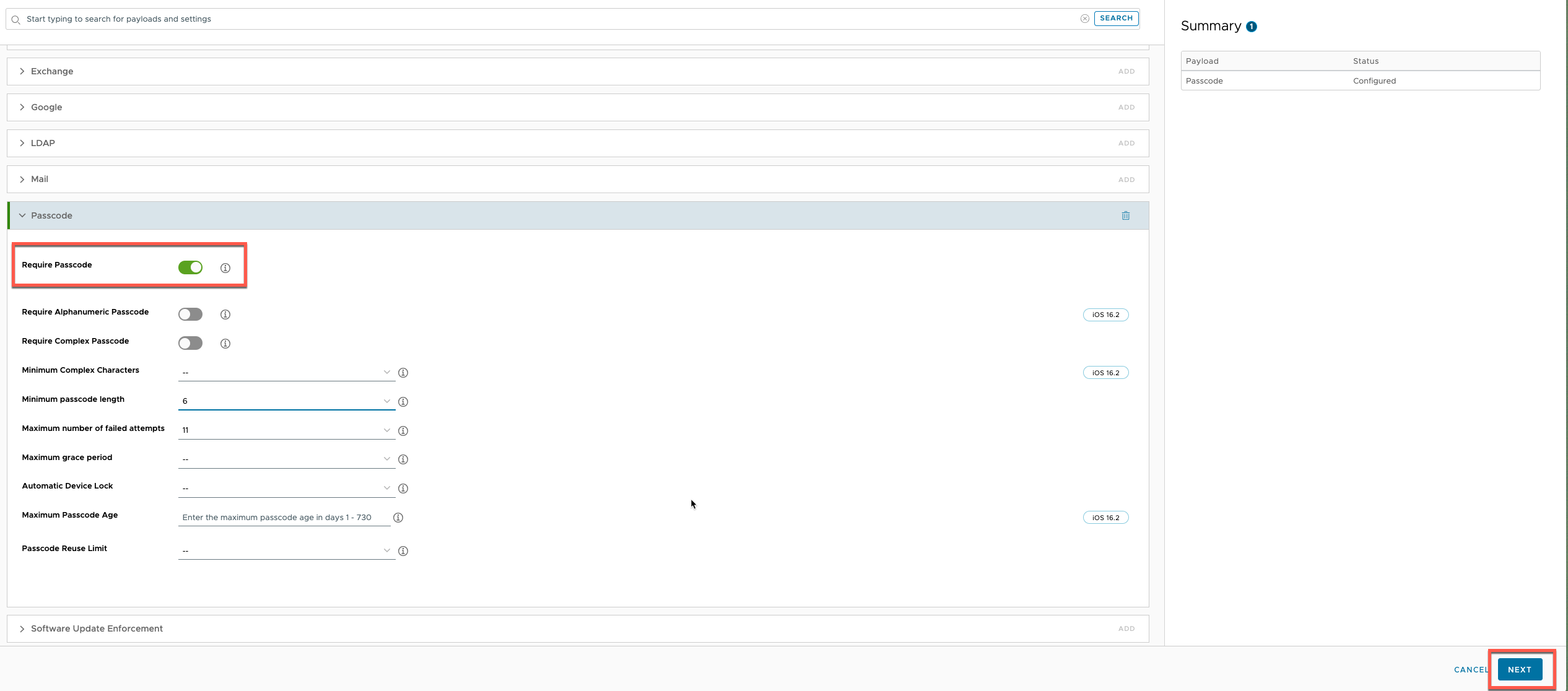 Require Passcode and set passcode requirements